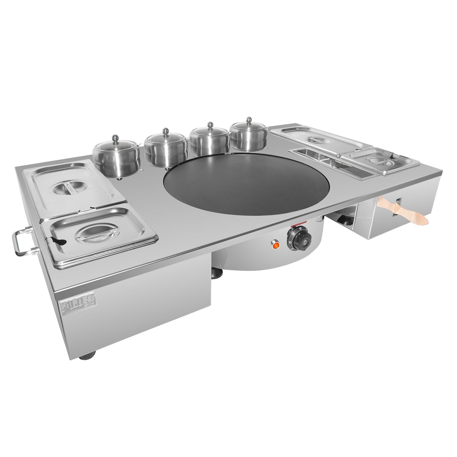 ALDKitchen Crepe Maker with Service Station | Nonstick Plate | 8 Pots and Tools Included