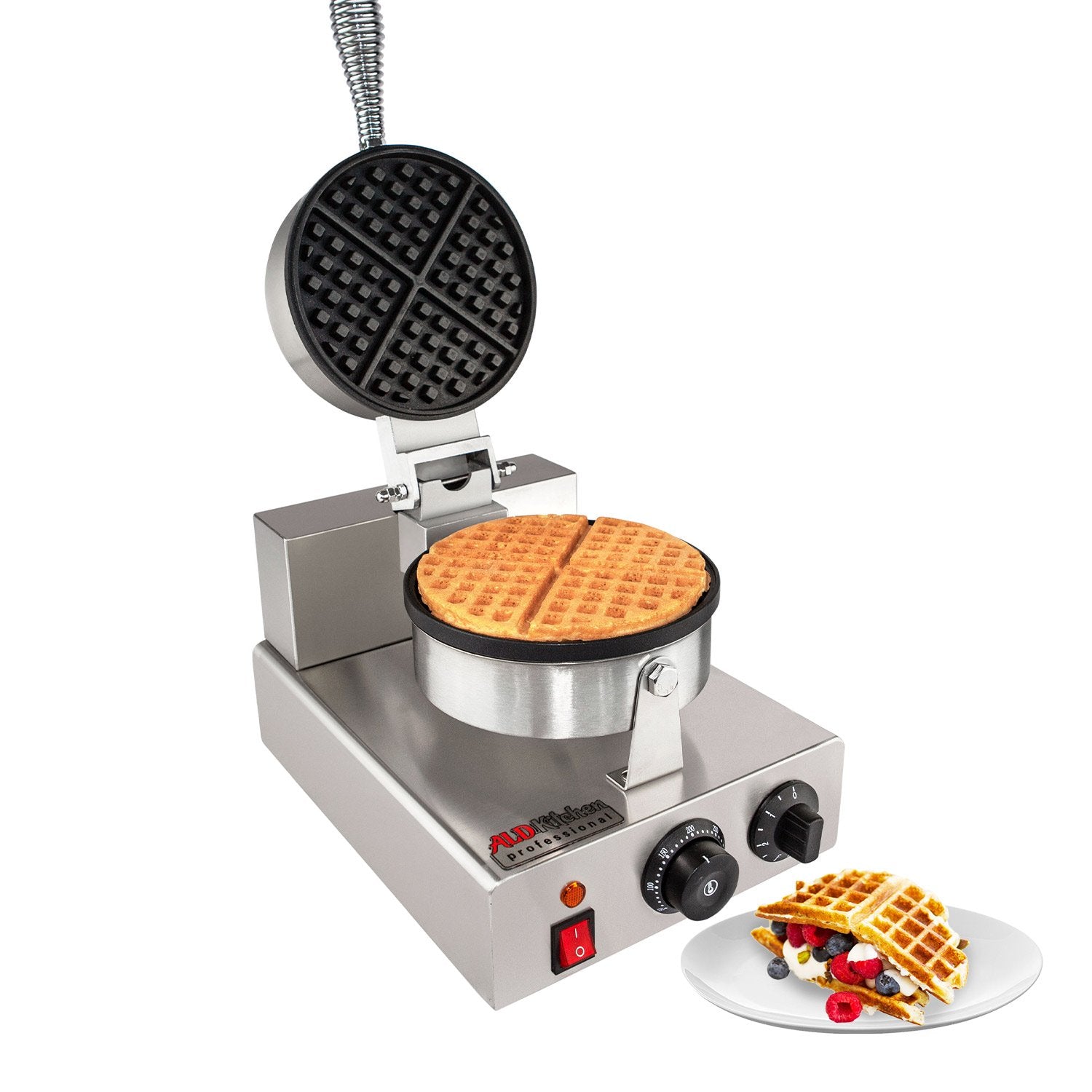 ALDKitchen Belgian Waffle Maker | Cone Maker and Waffle Iron | Round-Shape Thin Waffles | Stainless Steel | 110V (Single)