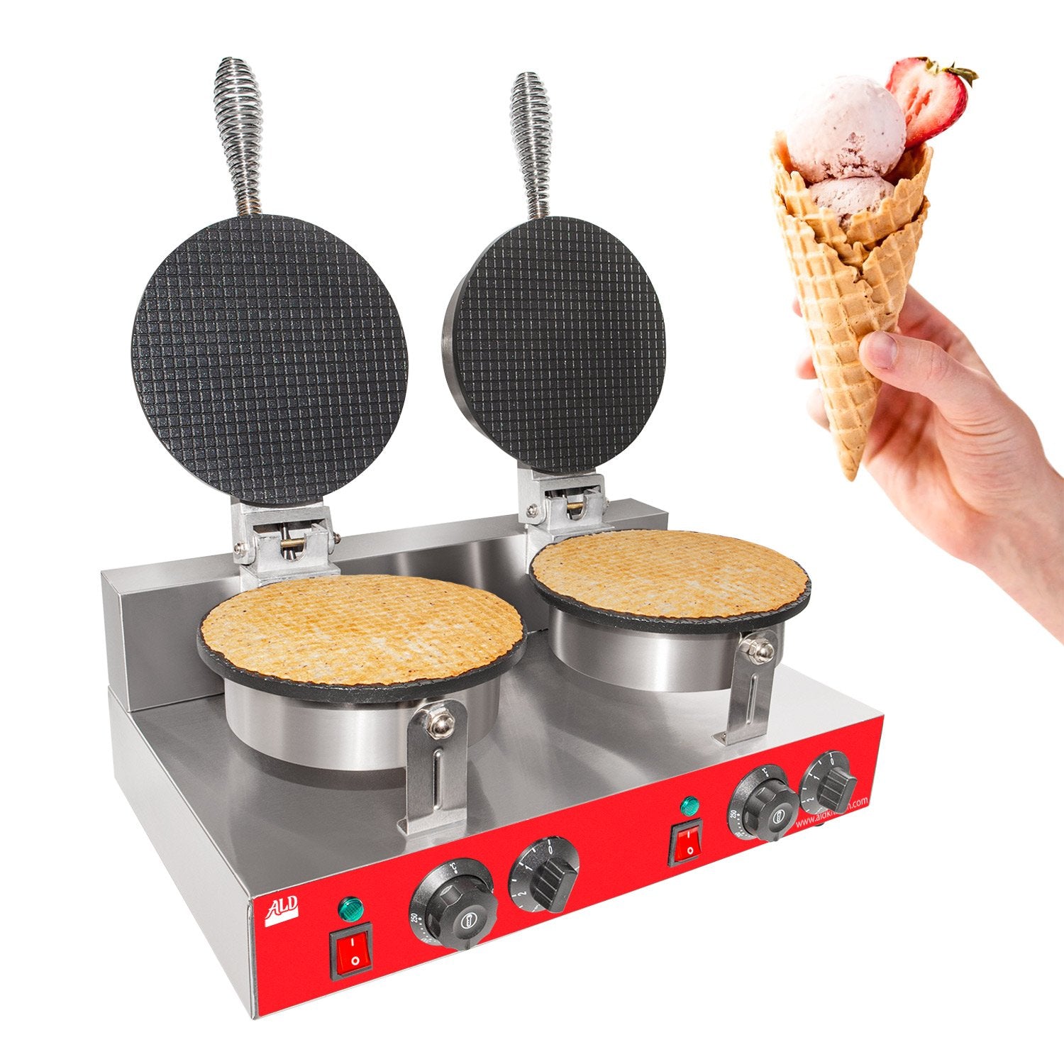 ALDKitchen Waffle Cone Maker Commercial Double Waffle Cone Iron Stainless Steel Nonstick Coating Manual Professional Kitchen Equipment
